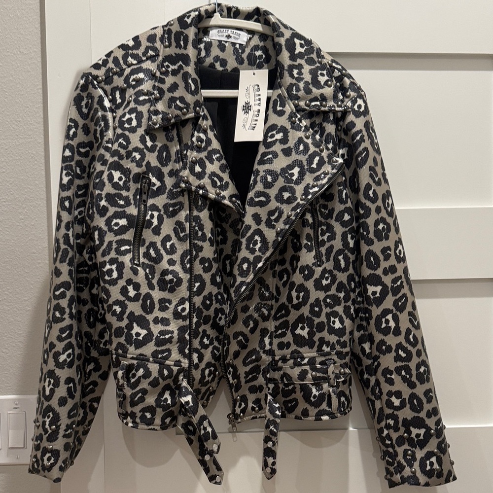 Crazy Train Black and Gray Leopard Women's Faux Leather Jacket